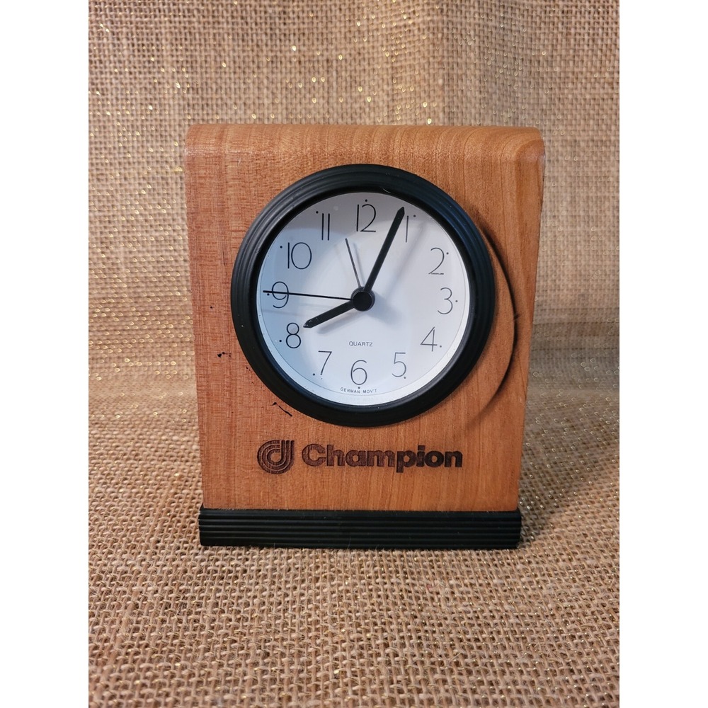 Champion Logo Battery Alarm Clock Wood On Metal Base‎ Vintage Advertising